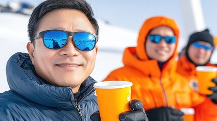 Group of friends enjoying wintery fun with drinks