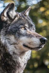 Fototapeta premium Close-up shot of a wolf's face with trees in the background, suitable for wildlife or nature-themed projects