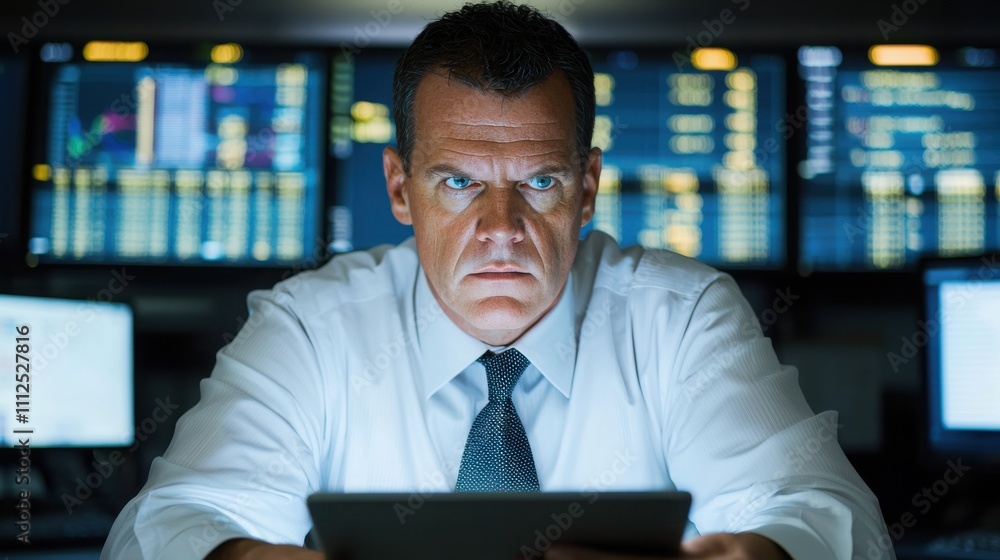 Poster a focused businessman analyzes data on a tablet, illuminated by screens displaying complex informati