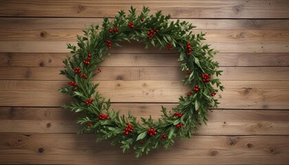 Fresh holly leaves intertwined with evergreen branches forming a circular shape, placed on a rustic wooden table centerpiece, festive, wreath, evergreen