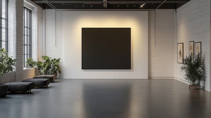 An empty white and black canvas on a white brick wall, on concrete floor and blank LCD screen