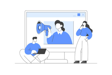 Communication, marketing. Social media community, referral program concept with woman influencer and megaphone. Refer a friend. Flat Cartoon Vector Illustration, icon. Stylish abstract