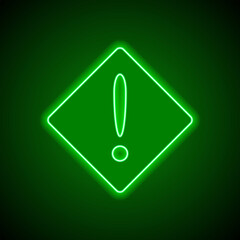 Warning simple icon, vector. Flat design. Green neon on black background with green light