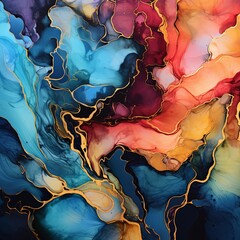 Abstract alcohol ink art with gold veins and vibrant colors of purple, orange, and blue. Fluid painting suitable for creative projects, posters, and wallpapers.