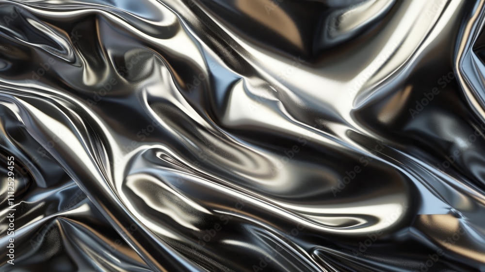 Poster flowing metallic silver liquid forming an abstract wavy pattern, creating a visually appealing textu