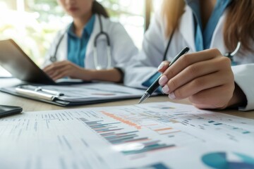 Nurse and Manager Analyzing Medical Data, Bills, and Hospital Codes