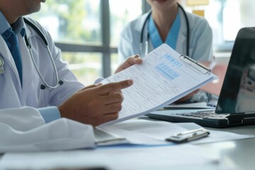 Nurse and Manager Analyzing Medical Data, Bills, and Hospital Codes