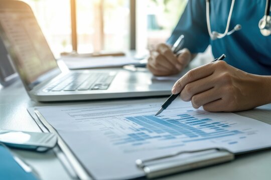 Nurse and Manager Analyzing Medical Data, Bills, and Hospital Codes