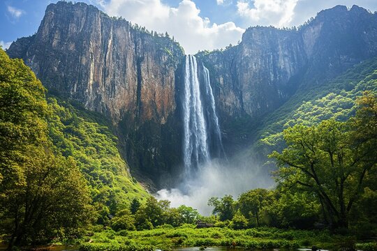 Majestic waterfall cascading in lush greenery