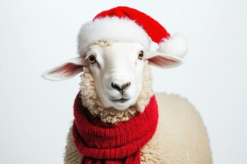 Adorable Fluffy White Sheep Wearing a Red Santa Hat and Scarf, Perfect for Holiday-Themed Projects and Festive Designs