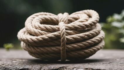 Fototapeta premium Tightly Coiled Hemp Rope on Rustic Wooden Surface
