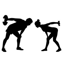 Man and woman practicing fitness exercises with dumbbells. Vector silhouettes of fitness people isolated on white background. Sport workout illustration. Health concept. 