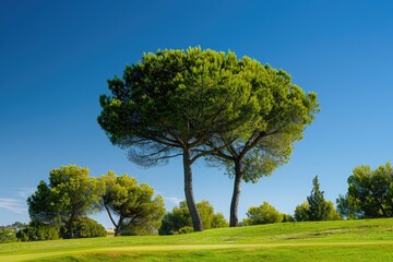 Lush green field with two trees sitting on its surface, ideal for outdoor scenes or nature-inspired designs