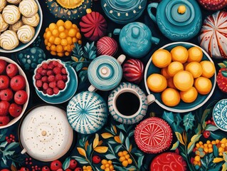 Acrylic art of a holiday bazaar table piled with discounted festive items