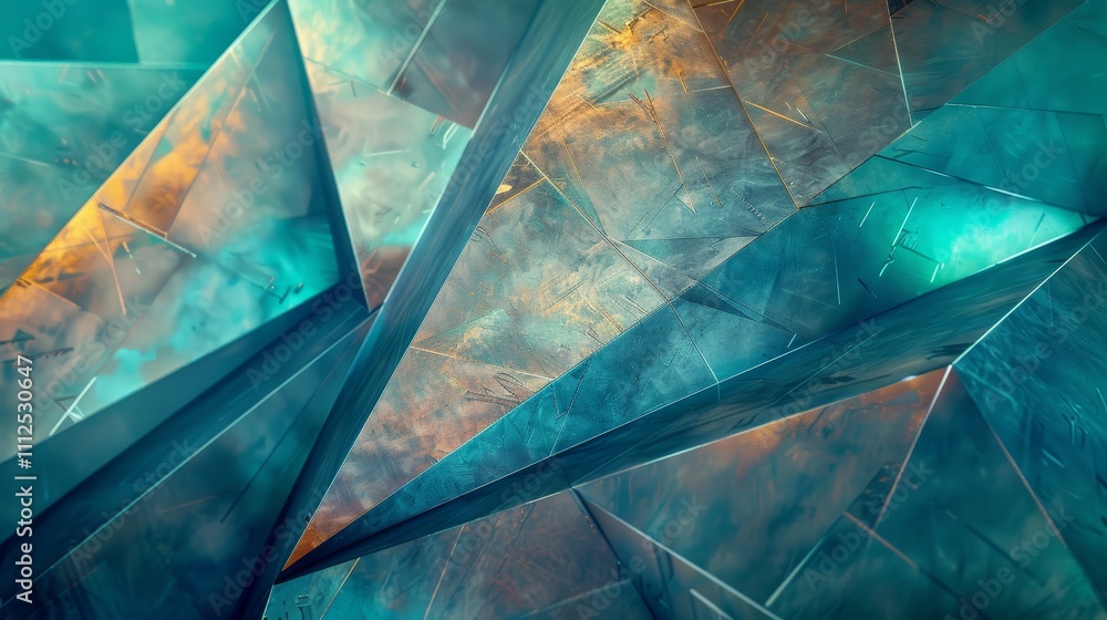 Poster metallic turquoise and bronze triangular shapes interacting, creating an abstract and dynamic compos