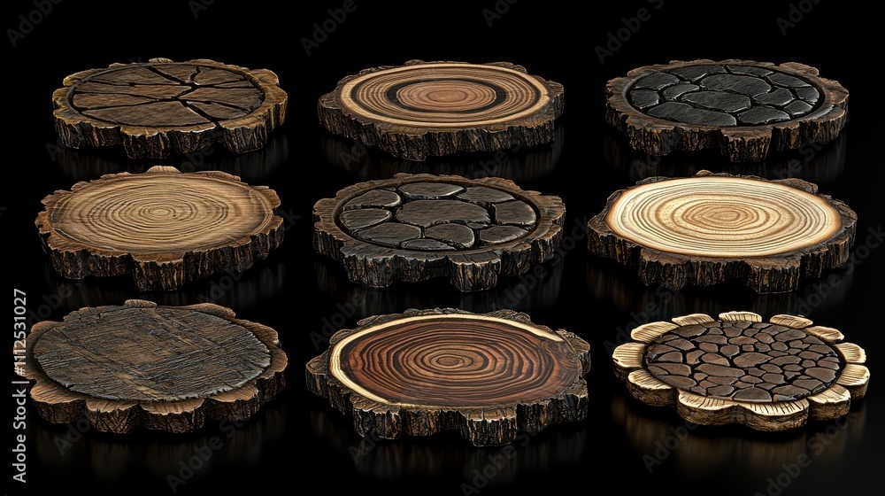 Poster variety of rustic wooden coasters with unique patterns and textures on dark surface