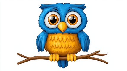Fototapeta premium Cute cartoon illustration of a jolly owl perched on a festive branch with big glowing eyes, isolated white background.