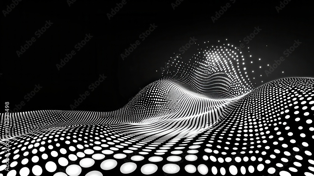 Poster abstract black and white wave patterns with dots and sparkles in a digital landscape