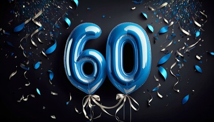 Blue birthday / anniversary balloon, number 60, black background with confetti
