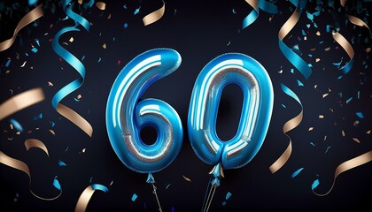 Blue birthday / anniversary balloon, number 60, black background with confetti