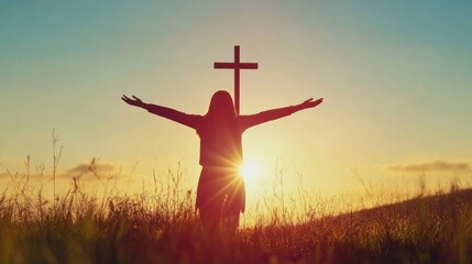 Silhouette with cross stretching arms at sunrise scene