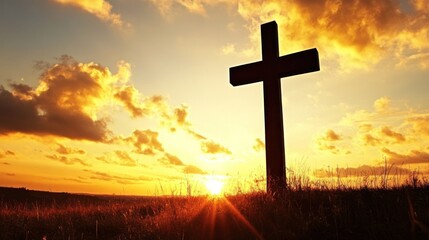 Silhouette of cross in stunning sunset and clouds view