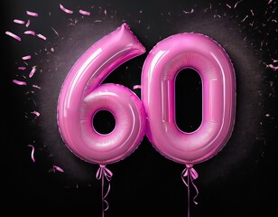 Pink birthday / anniversary balloon, number 60, black background with confetti