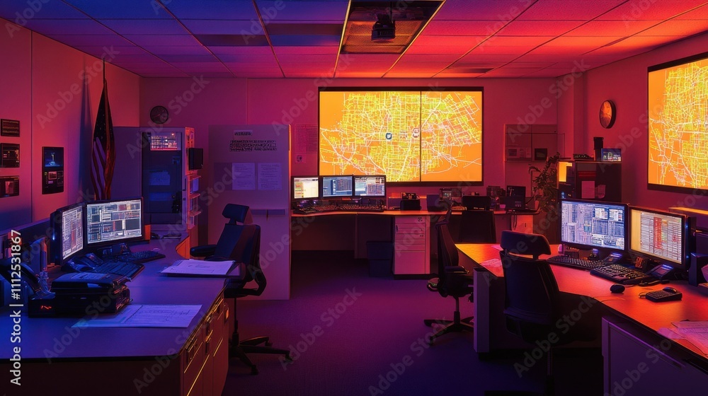 Poster a dynamic 911 call center featuring officers coordinating emergencies with glowing maps and high-tec