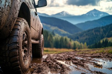 A truck stuck in the mud on a rural road, great for outdoor or nature scenes