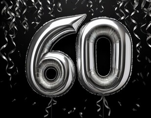 Silver birthday / anniversary balloon, number 60, black background with confetti