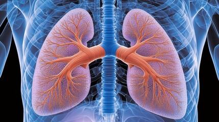 Detailed Illustration of Human Lungs with Branching Airways and Capillary Networks