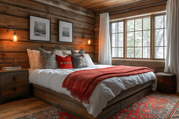 Rustic Cabin Bedroom With Wooden Walls And Cozy Bed
