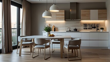Fototapeta premium Modern new light interior of kitchen with white furniture and dining table.