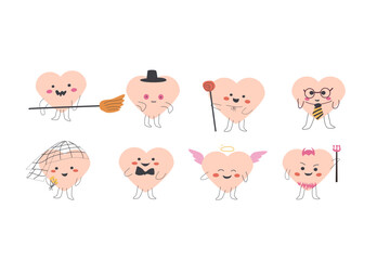 Adorable heart characters in diverse costumes and fun roles.