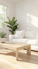 Minimalist living room with a white sofa, light wood coffee table, and no visible clutter for a calming atmosphere