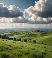 Obraz premium Cloudy sky over rolling green hills and countryside, scottish borders, rural beauty, rolling hills