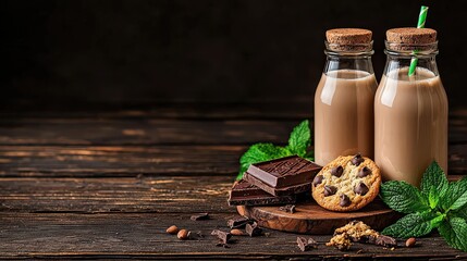 Chocolate milk bottles and cookies on wooden table rustic kitchen food photography cozy atmosphere close-up indulgence
