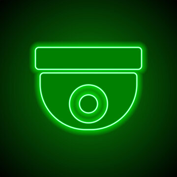 Security cam simple icon. Flat design. Green neon on black background with green light