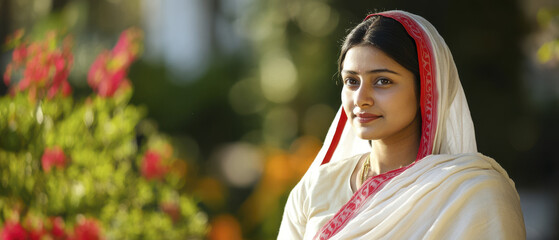 Fototapeta premium woman wearing white saree with red accents stands gracefully amidst vibrant flowers, exuding elegance and serenity in beautiful outdoor setting