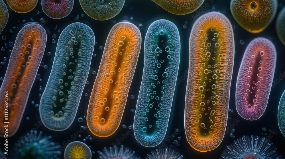 Poster colorful microorganisms under microscope in abstract circular patterns