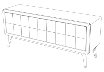 Hand drawn silhouette of mid century dresser. Modern furniture outline drawing. Line art cupboard for trendy interior design. Sketch commode on legs. Vector illustration