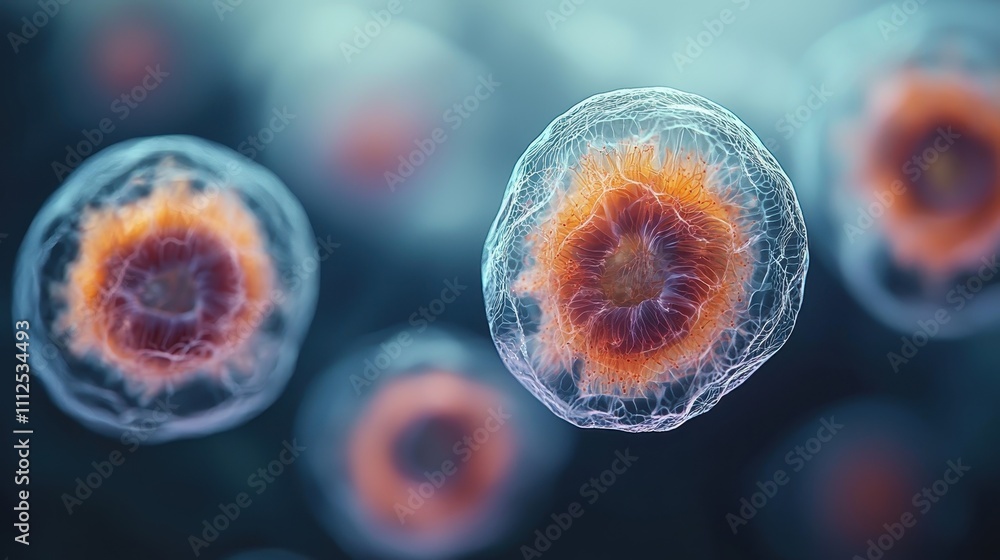 Poster close-up view of colorful microorganisms under a digital microscope lens