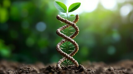 A young green plant with vibrant leaves spirals around a twisted vine, symbolizing growth and the connection between nature and science.