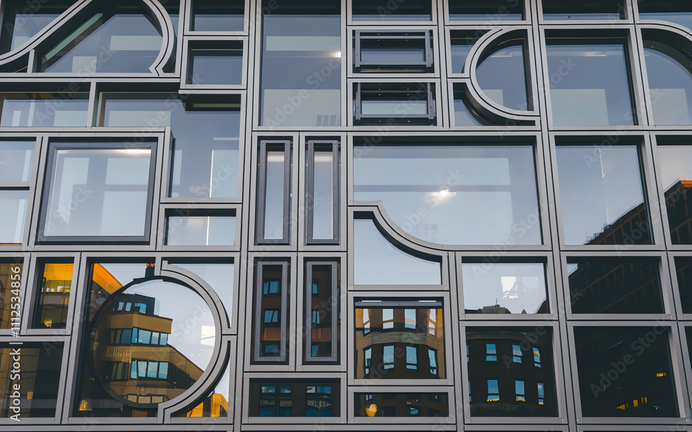 Poster unique architectural design showcases intricate window patterns reflecting city life in modern urban