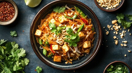 Vibrant Bowl of Pad Thai with Tofu and Fresh Ingredients