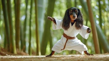 Dachshund in martial arts attire amid bamboo grove.