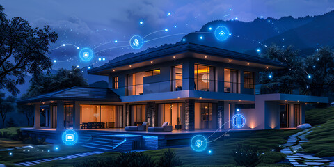 Obraz premium A modern house on a hill, showcasing various connected devices integrated into its design and surroundings.