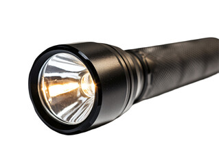 a black flashlight with a light on