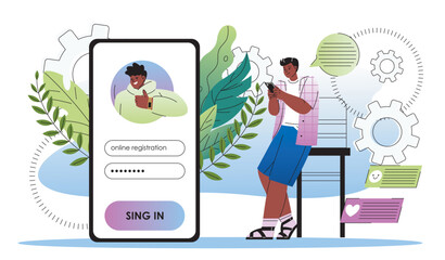Online registration concept. Man with smartphone enters username and password. Young guy adds personal information to profile. Authentication and Authorization. Flat vector illustration