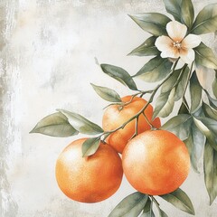 A serene illustration featuring three vibrant oranges on a branch, complemented by green leaves and a delicate white flower against a subtle background.